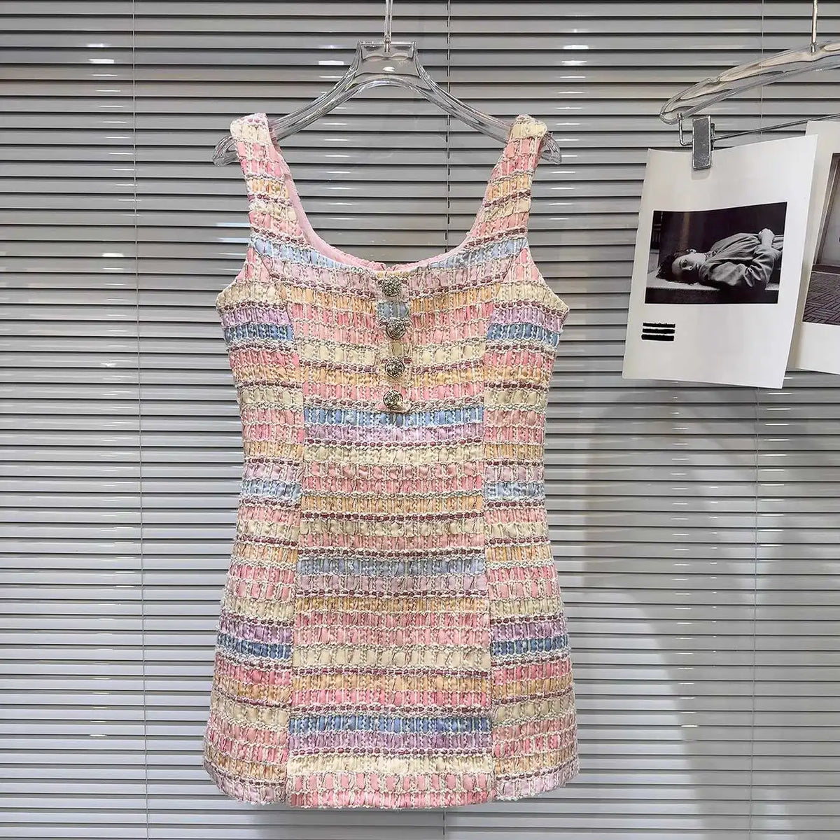 DEAT Fashion Diamond Flower Buckle Woven Tweed Dresses For Women Elegant Contrast Color Sleeveless Dress Female 11A04140