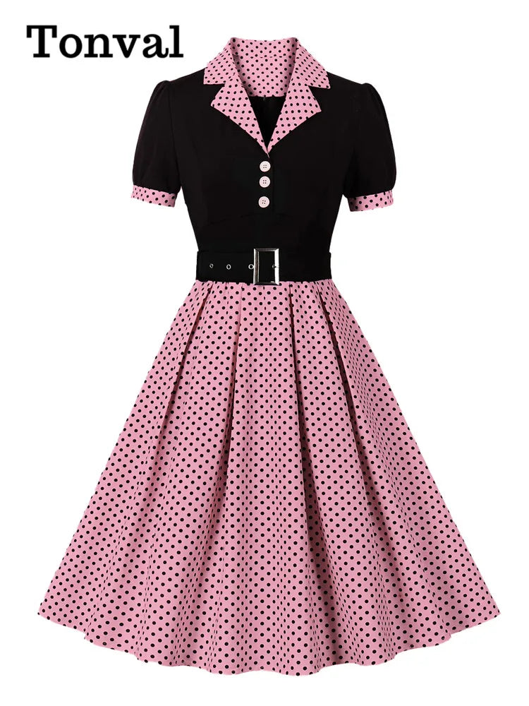 Tonval Black and Polka Dot Vintage Pleated Dresses Notched Collar 2025 Elegant Summer Women Short Sleeve Belted 50s Retro Dress