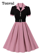 Tonval Black and Polka Dot Vintage Pleated Dresses Notched Collar 2025 Elegant Summer Women Short Sleeve Belted 50s Retro Dress