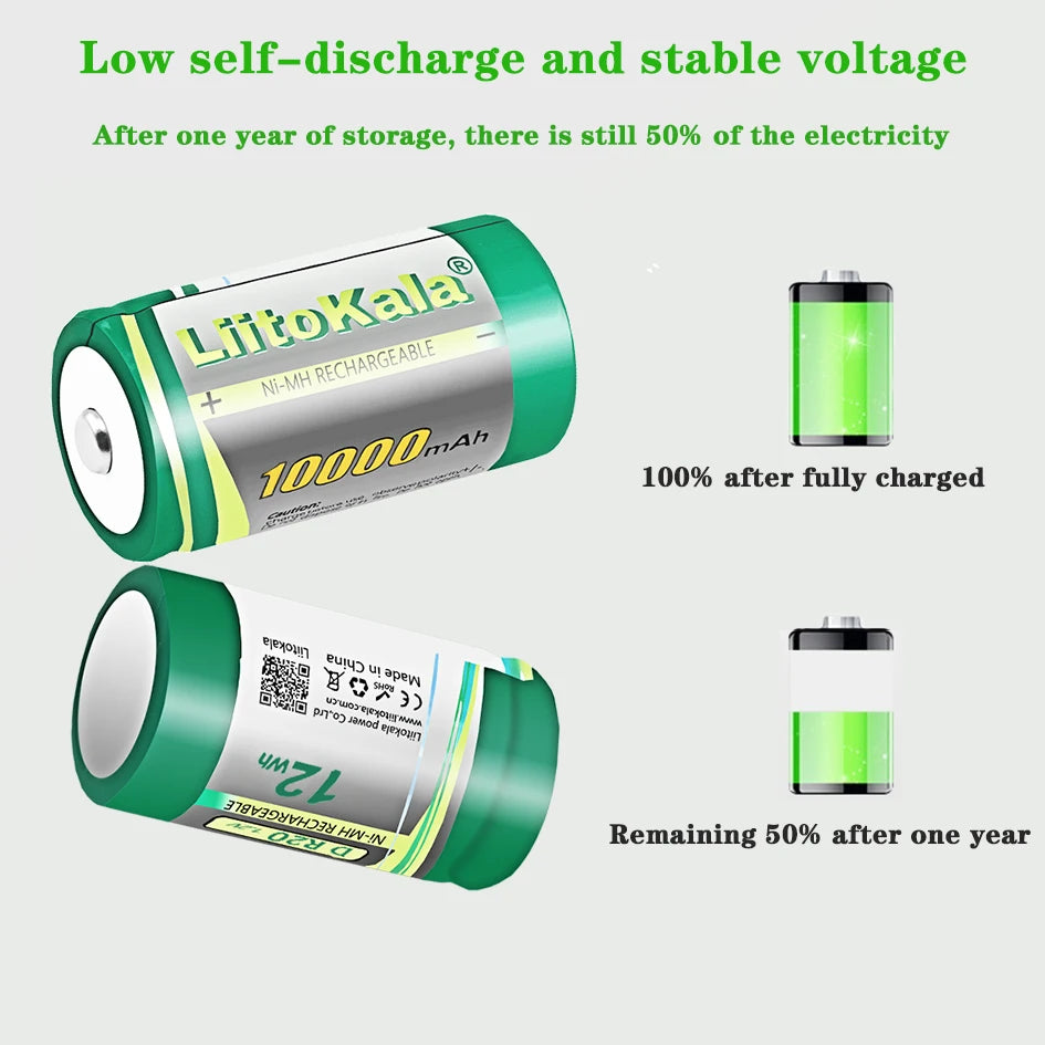 1-30PCS LiitoKala Ni-D10000 1.2V D R20 Size Battery D Cell 10000mAh Huge Capacity Ni-MH Rechargeable D Batteries for Gas Stoves