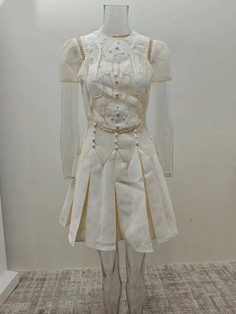 DEAT Elegant Dress Embossed Hollowed-out Short Sleeved Pleated A-line Women's Evening Party Dresses 2026 Summer New Tide 35Z4328