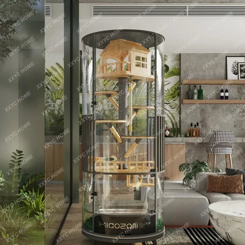 TT360 ° Rotatable Cat Cage Villa Solid Wood Luxury Panoramic Display Cabinet Nest Glass House With Toilet