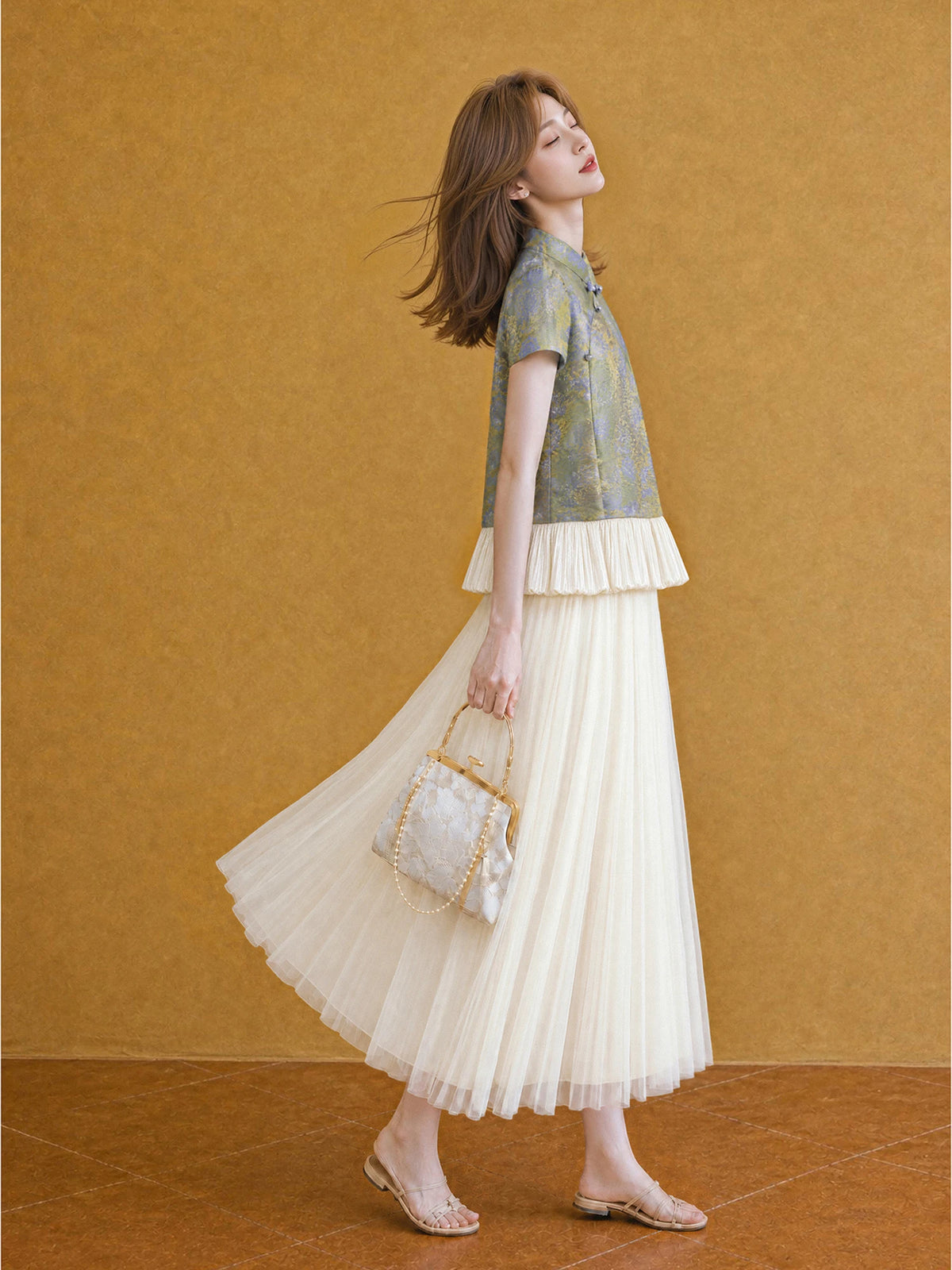 XIAOGULI Women New Chinese Style Chiffon Blouse Ruffled Hem Short Sleeve Shirt National Style Party Elegant Ladies Summer Tops