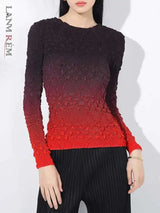 LANMREM Gradient Pleated T-shirt For Women Round Neck Long Sleeves Slim Thin Style Female Chic Top 2025 Spring New 2DB2141