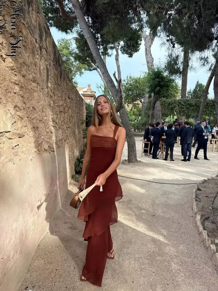 Brown Glitter Chiffon Tiered Maxi Dress Elegant One Shoulder Square Neck Flowy dresses 2026 Summer Formal Wedding Party gowns