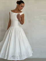 Chic Vintage White Boat Neck Dress Embroidered Cap Sleeve Cutwork Hem High Waist Flowy A-line Gown 2026 New Evening Party Outfit