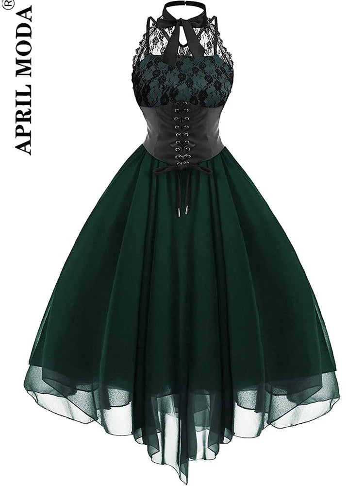 Irregular Hem Black High Waist Gothic Dresses Sleevesless Lace Chiffon Patchwork Aesthetic Goth Harajuku A-Line Dress for Women
