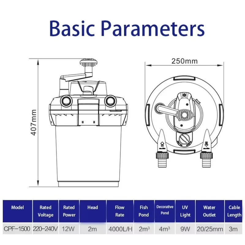 CPF-1500 Fish Tank External Filter Barrel Fish Pond Water Circulation System Plastic Pond Filter Bucket Eco-Friendly