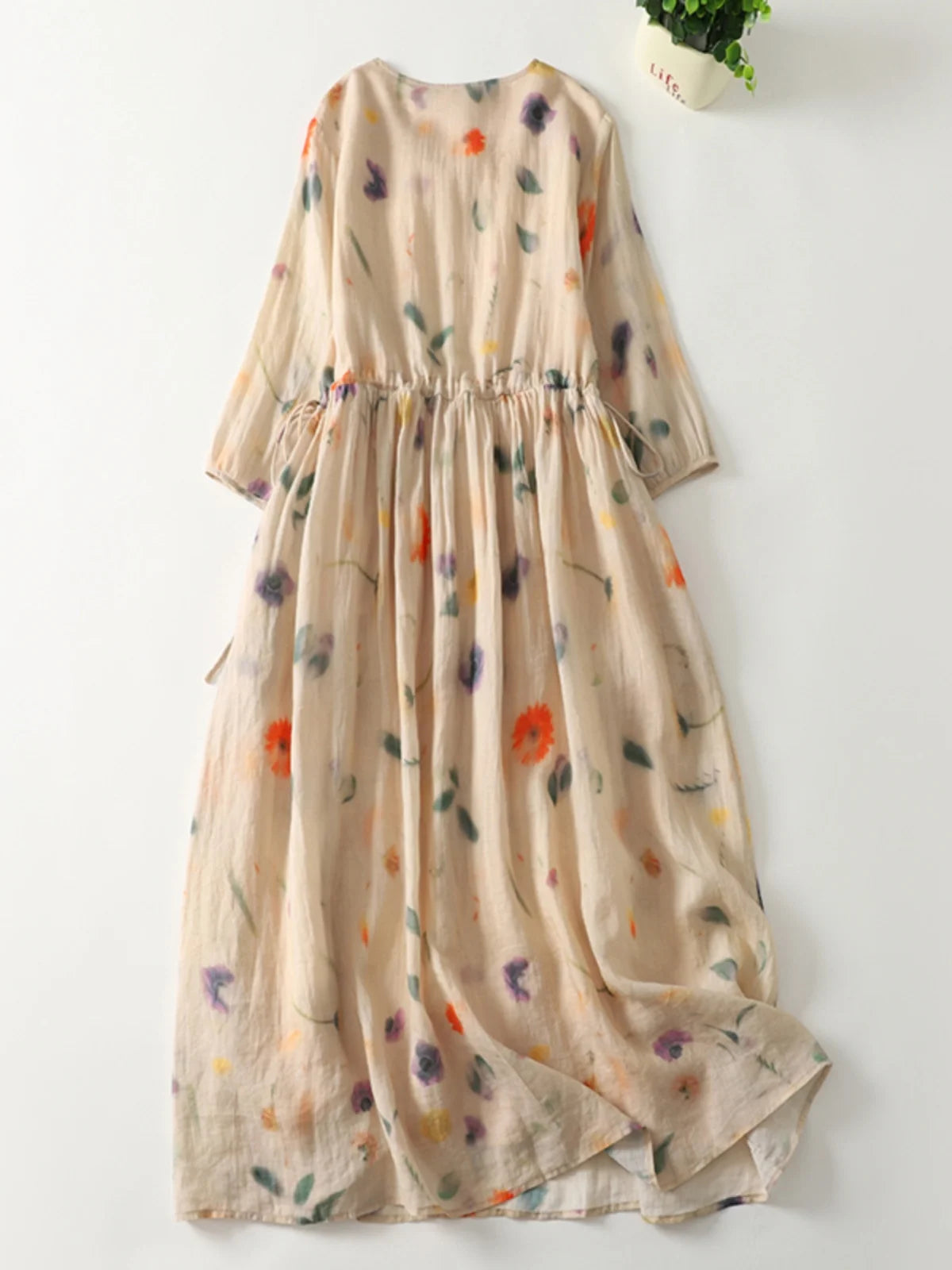 Women's Fresh Style Dress Flower Print Elastic Waist Half Sleeve V-neck Linen Dress Female Beach Holiday A-line Vintage Frocks