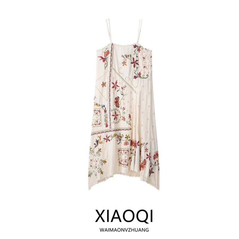 Summer 2025 New Arrival Long Asymmetric Embroidered Strap Dr Women's Faion Loose Waist No Sve Print Design