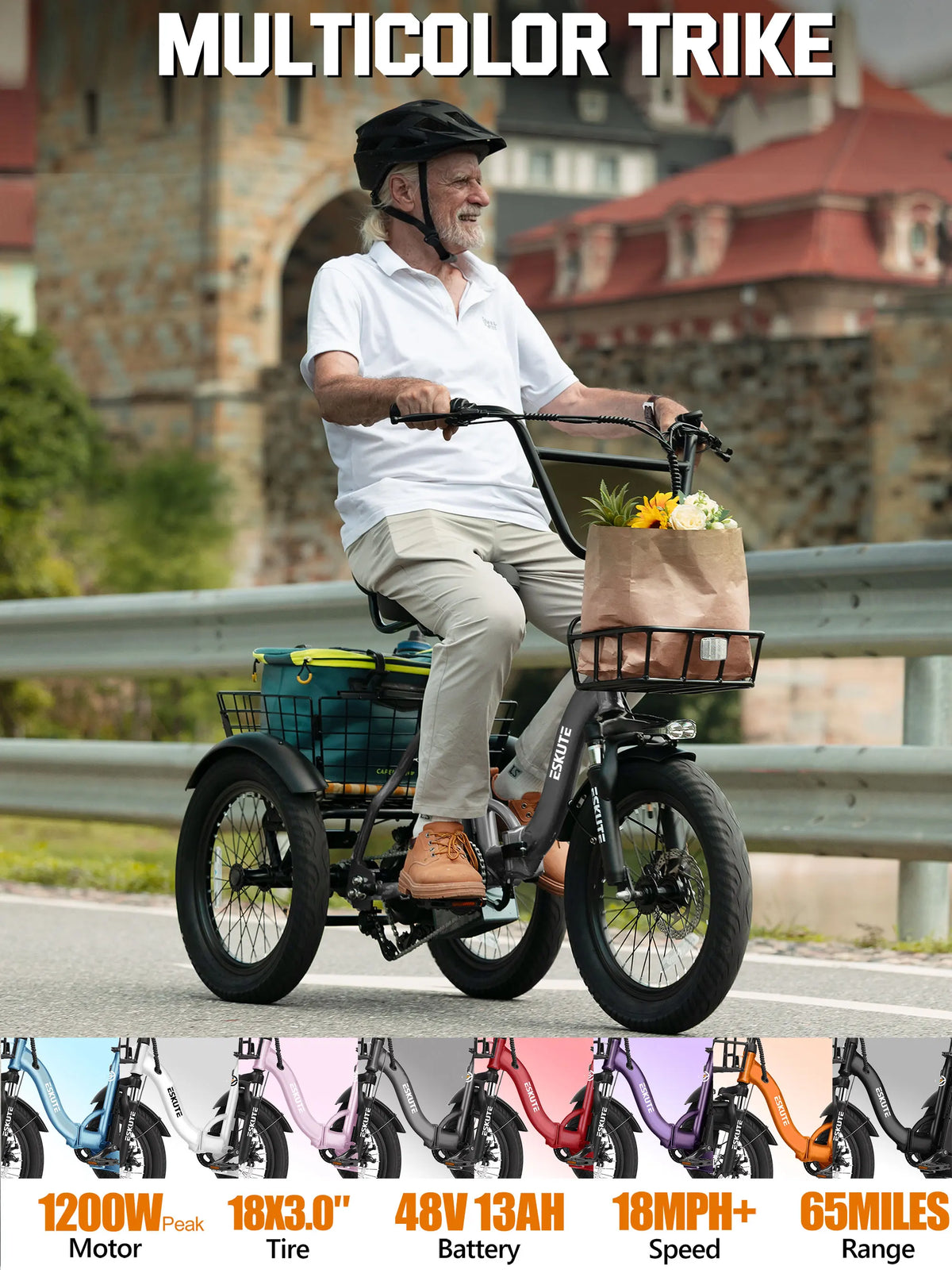 ESKUTE T300 Electric Bicycle Trike for Adults, 624Wh Battery, 1200W Motor eBIKE, 18"x3.0" Fat Tires, Foldable 3-Wheel E-Bike