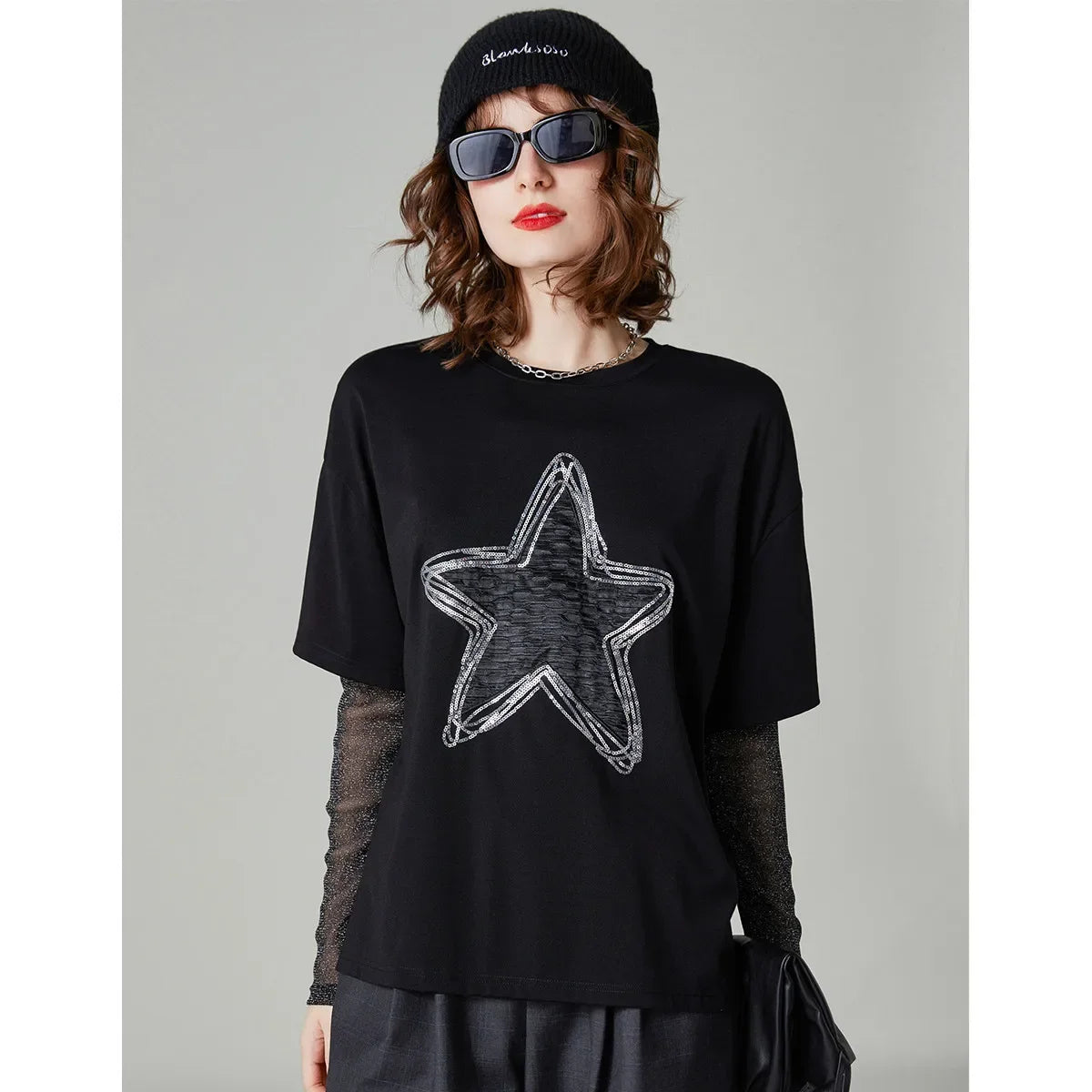 LOUIS YAO Embroidered Patchwork Long-Sleeve T-Shirt 2025 Autumn Top Casual Round Neck Sequined Fake Two-Piece Women's T-Shirt
