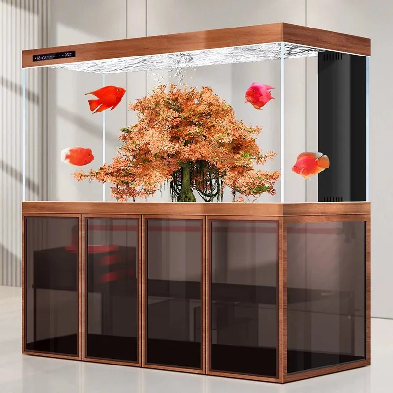 All-in-One AquariumUnder Cabinet Rectangular Living Room Home Office Ultra-clear Glass Screen Fish Tank Bottom Filter No WaterFi