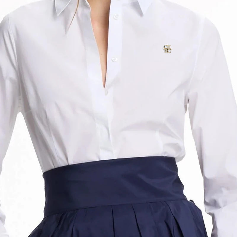 CH Women Elegant White Lapel Shirt Gold CH Logo Long Sleeve Blouse Formal Office Lady Workwear Slim Fit Basic Shirts