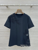 2026 autumn Slim 100% cotton embroidery‌ floral tee t shirts casual brand short sleeve designer top women print female clothes