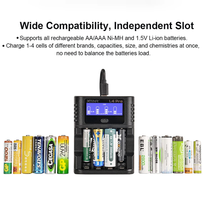 XTAR L4 Pro Smart Charger+4PCS 1.5V AA CLR 4300 2700mAh Rechargeable Constant Voltage Output & Linear Discharge