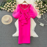 Temperament Robe Femme Party Dresses for Women Gauze Lantern Sleeve Square Collar Beading Split Dress 2025 Vestidos De Mujer