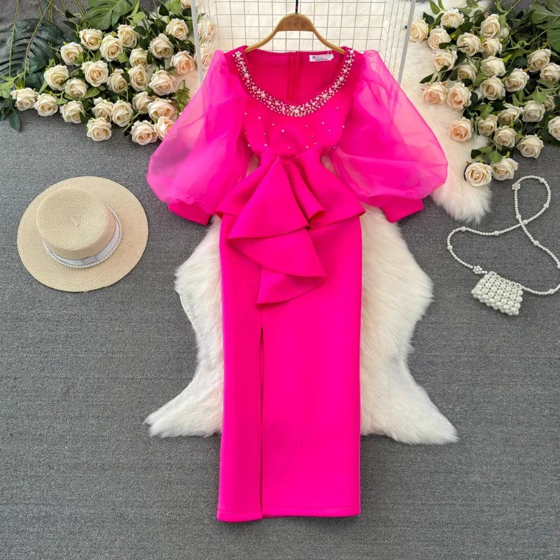 Temperament Robe Femme Party Dresses for Women Gauze Lantern Sleeve Square Collar Beading Split Dress 2025 Vestidos De Mujer