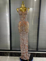 Sparkly Crystal Mesh See Through Women Sleeveless Sexy Bodycon Long Gowns Dress Evening Party Celebrate Birthday Outfit