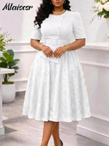 Mlaiscsr Classy Pink Mid Dress for Women Puff Sleeve A-Line Belted Waist Buttoned Top Floral Lace Overlay Dresses Brunch Church
