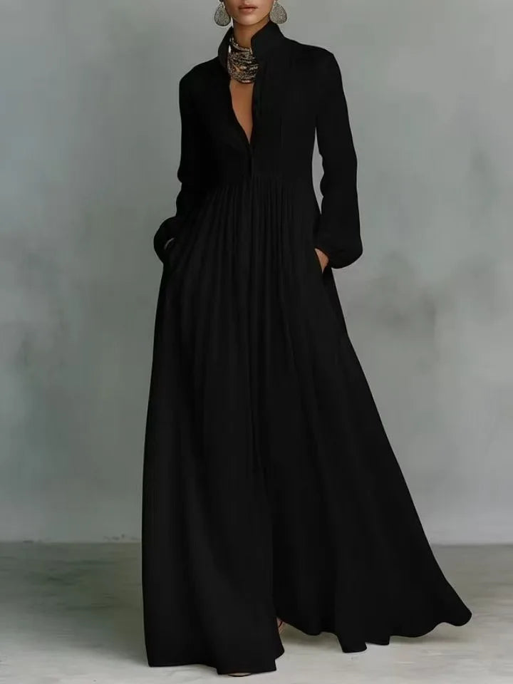 Women's Elegant Single Breasted Long Dress 2026 French High Waist Solid Pockets Pleated Maxi Evening Dress