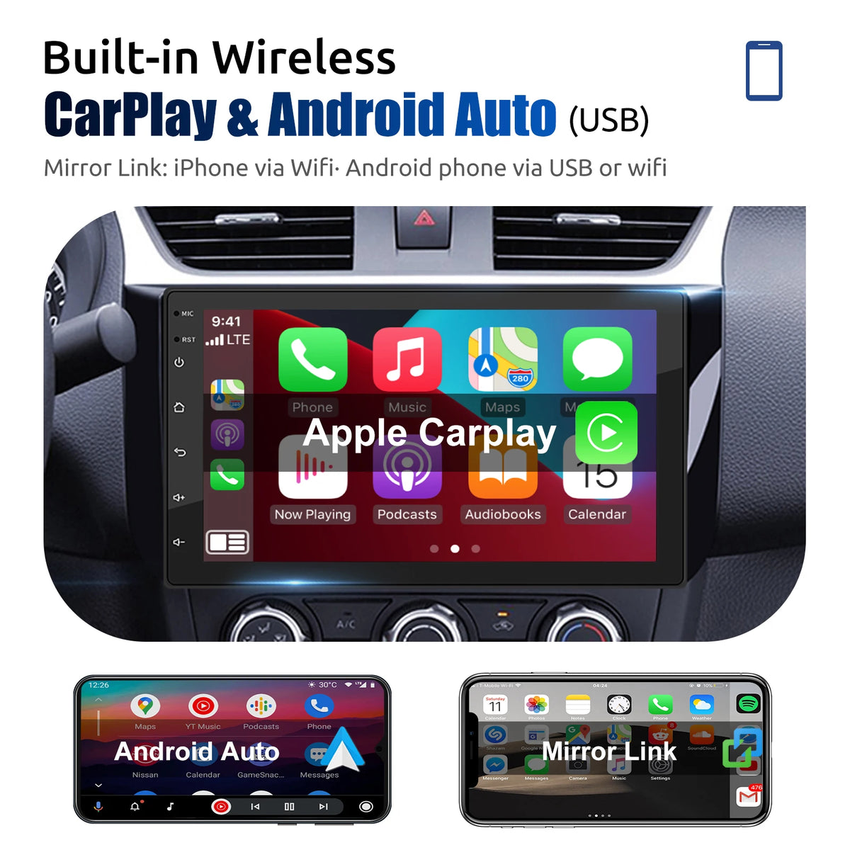 7" Double 2 DIN Android 14 CarPlay Car Stereo Multimedia Video Player GPS Navigation Wifi FM/RDS Bluetooth Multimedia Fit Nissan