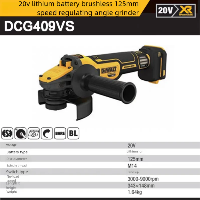 DeWalt 20V DCG409VS Brushless Lithium Battery Speed-Regulating Angle Grinder, Cordless Polisher, Metal Cutting Machine