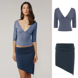 With Jean Misty Blue-Purple Deep V-Neck 3/4 Sleeve Top With Pleated Neckline and a Fitted Short Style Top