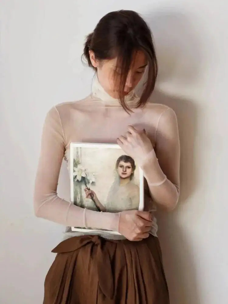 DEAT Causal Mulberry Silk Gauze Perspective Turtleneck Solid Color Long Sleeve Slim Pullover Women's Top 2026 Autumn New 15DZ362