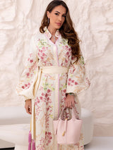 Retro Floral Print Women's Long Dress With Tassel Belt Stand Collar Long Sleeve Muslim Kaftan Dresses 2026 Spring New Lady Robes