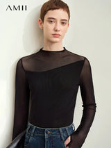 Amii Minimalism Mesh T-shirts For Women 2026 Autumn New Office Lady Half-high Neck Micro Perspective Slim Retro Shirt 12423055