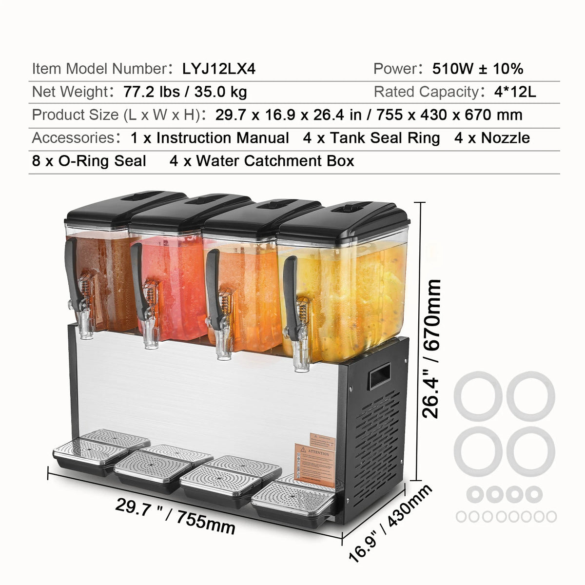 SucceBuy Commercial Beverage Dispenser 4 Tanks 10L/12L Per Tank Juice Dispenser Stainless Steel Ice Tea Drink Machine
