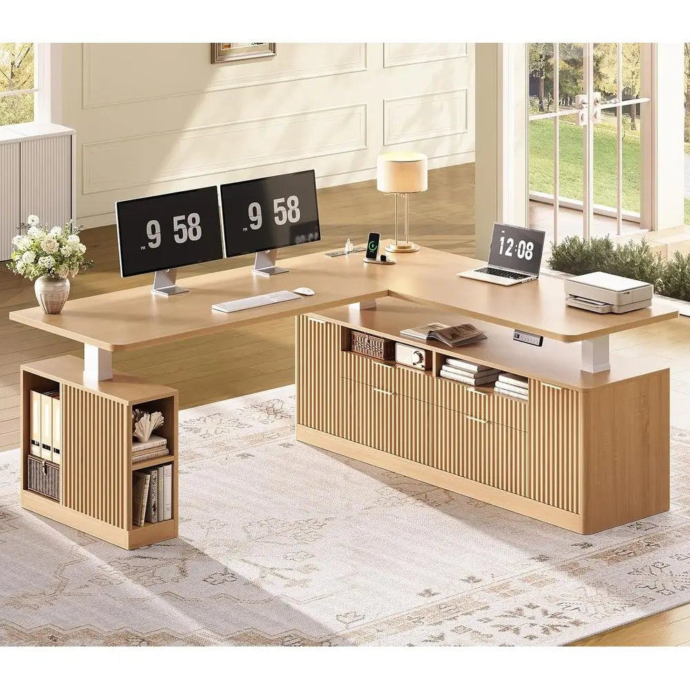 69 x 55 L-Shaped Electric Desk with 4 Drawers, Storage & Power Outlet, Oak Finish for Home Office