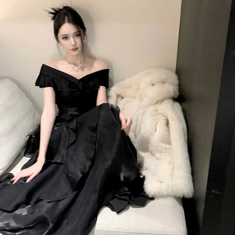 Elegant Evening Party Ruffles Mermaid Dresses Women Summer V Neck Short Sleeve Slim Black Dress Holiday Beach Birthday Dress
