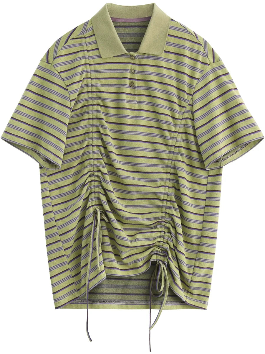 CHIC VEN Women T-Shirts Slim Pullover Short Sleeve New Contrast Stripes Pleated Tees Female Top for Girl Spring Autumn 2026