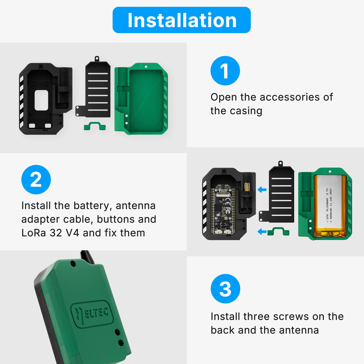 Heltec V4 Meshtastic WiFi LoRa 32 Dev-Board Case Set with 3000mAh Battery Soft Antenna ESP32 SX1262 Solar Powered BLE High Power