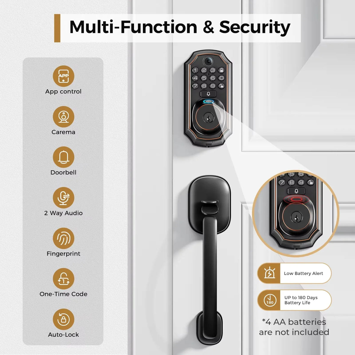ARPHA Smart Lock D289H Smart WiFi Keyless Door Lock with Camera 5 in 1 Camera Fingerprint Entry App-Controlled Auto-Lock System