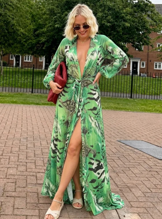 Women Green Tie Waist Long Sleeve Maxi Dress Deep V Lantern Sleeve Flowy Vacation Gown 2026 Seaside Street Holiday Party Outfit