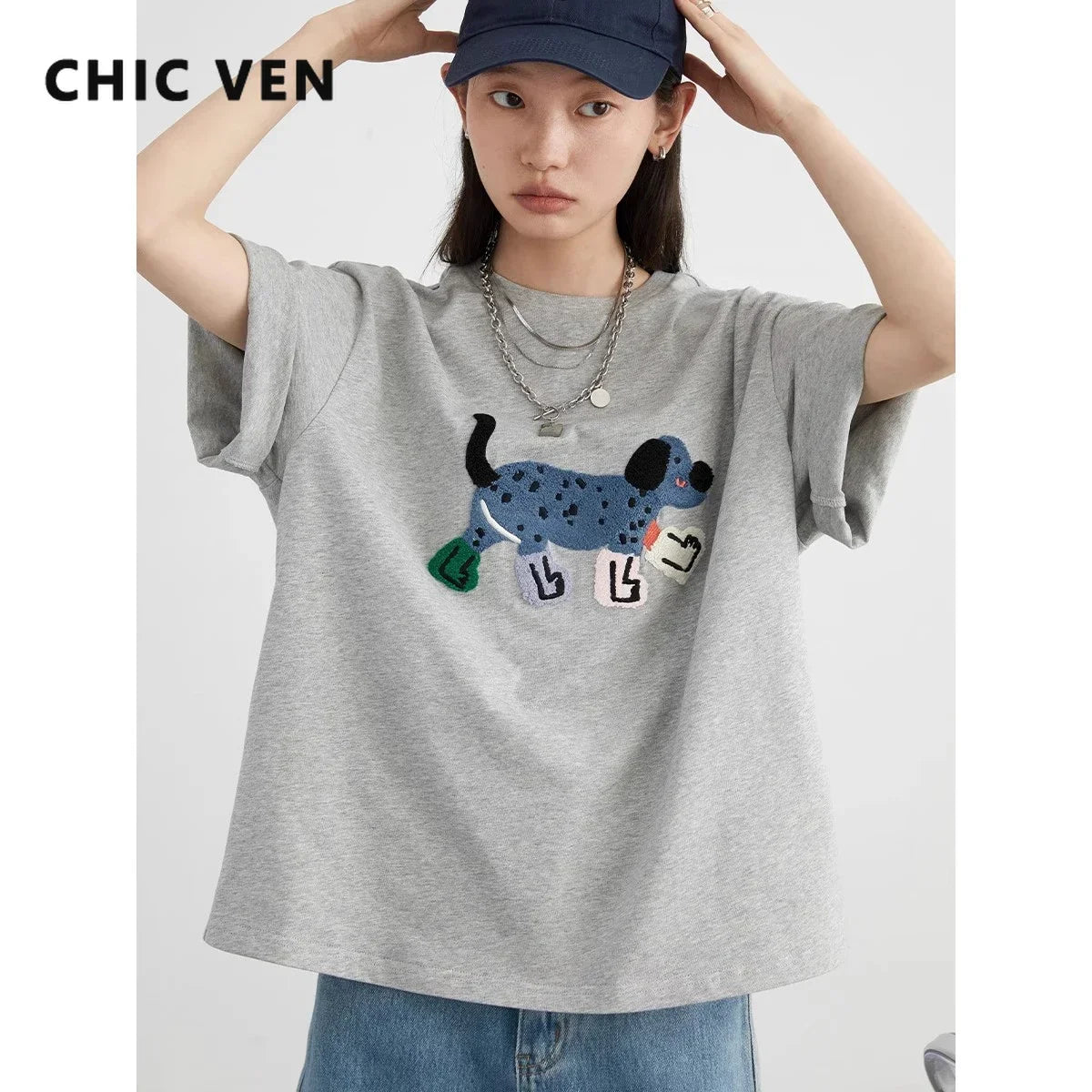 CHIC VEN Women T-Shirts Loose Streetwear Unisex Fun Dog Embroidered Short Sleeve Cotton Girl Tees Female Top Summer 2025