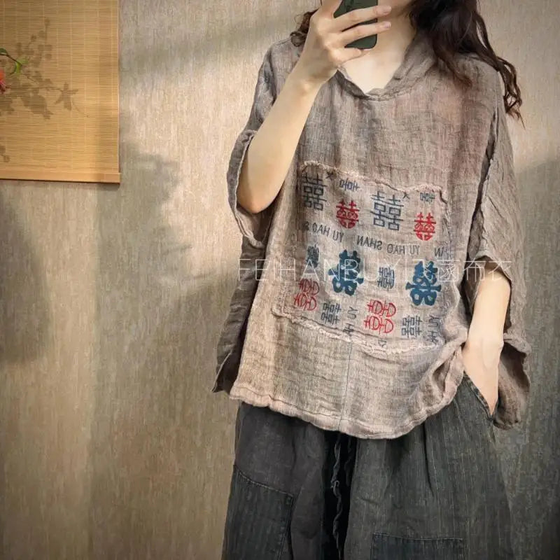 New Arrival Summer Arts Style Women Batwing Sleeve Loose Tops Tees Vintage Embroidery Cotton Linen Hooded T-shirt High Quality