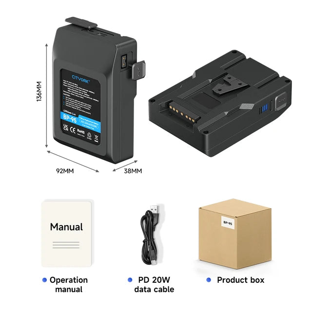 V Mount Battery BP-98 BP-229 Mini V-Mount Battery with PD 65W USB-C Fast Charging for Video Camera Camcorder Broadcast LED Light