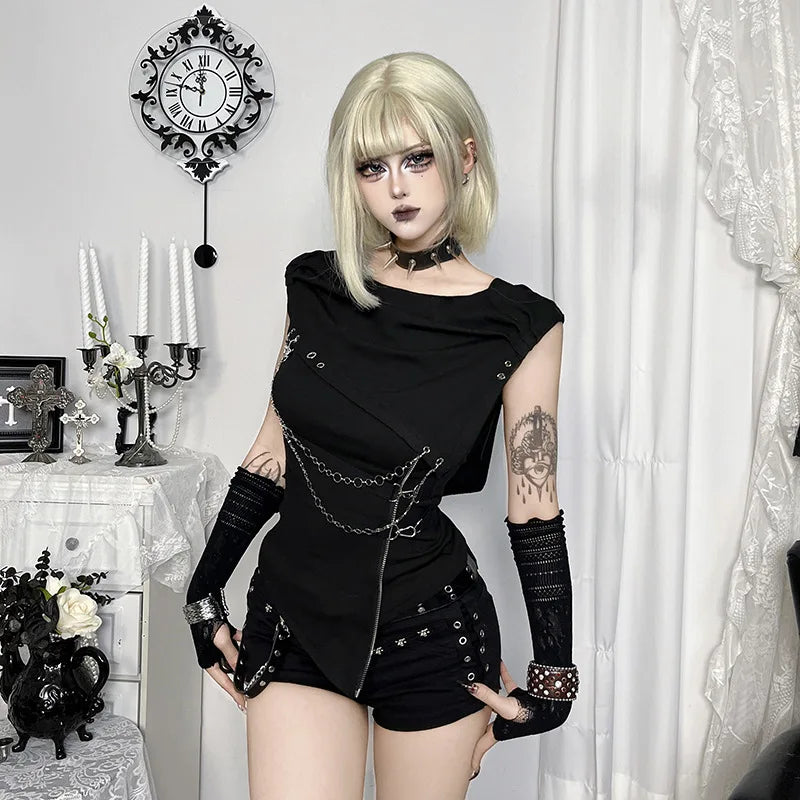 Women T-shirts Black Short Sleeveless Slim Summer Tees 2026 New Halloween Y2K Grunge Punk Lolita Elegant Party Crop Tops