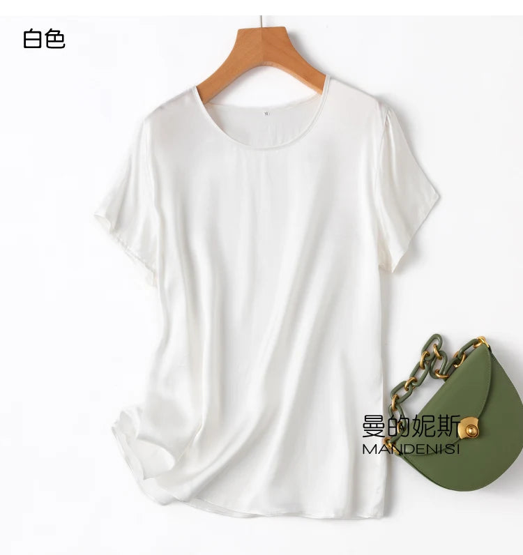 Benefits! Flowing Gem Series Basic Style Versatile Round Neck 100% Mulberry Silk Short Sleeve Silk Satin T-Shirt Top