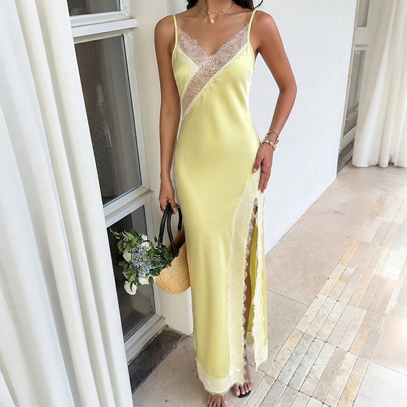 Women Dress Satin Slip Midi Spaghetti Strap Dress V-Neck Lace Trim Bust Slimming Flared Split Hem Elegant Solid Dress For Ladies