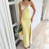 Women Dress Satin Slip Midi Spaghetti Strap Dress V-Neck Lace Trim Bust Slimming Flared Split Hem Elegant Solid Dress For Ladies