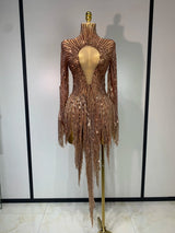 Women Sexy Long Sleeve Tassel Diamond Dress Luxury Birthday Evening Party Costume Nightclub Celebrity Stage Performance Outfit