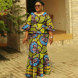 Afripride African Dresses for Woman Customized Loose Gold Ankara Printed Two Piece Flared Sleeve Fishtail Hem Dress 2425046