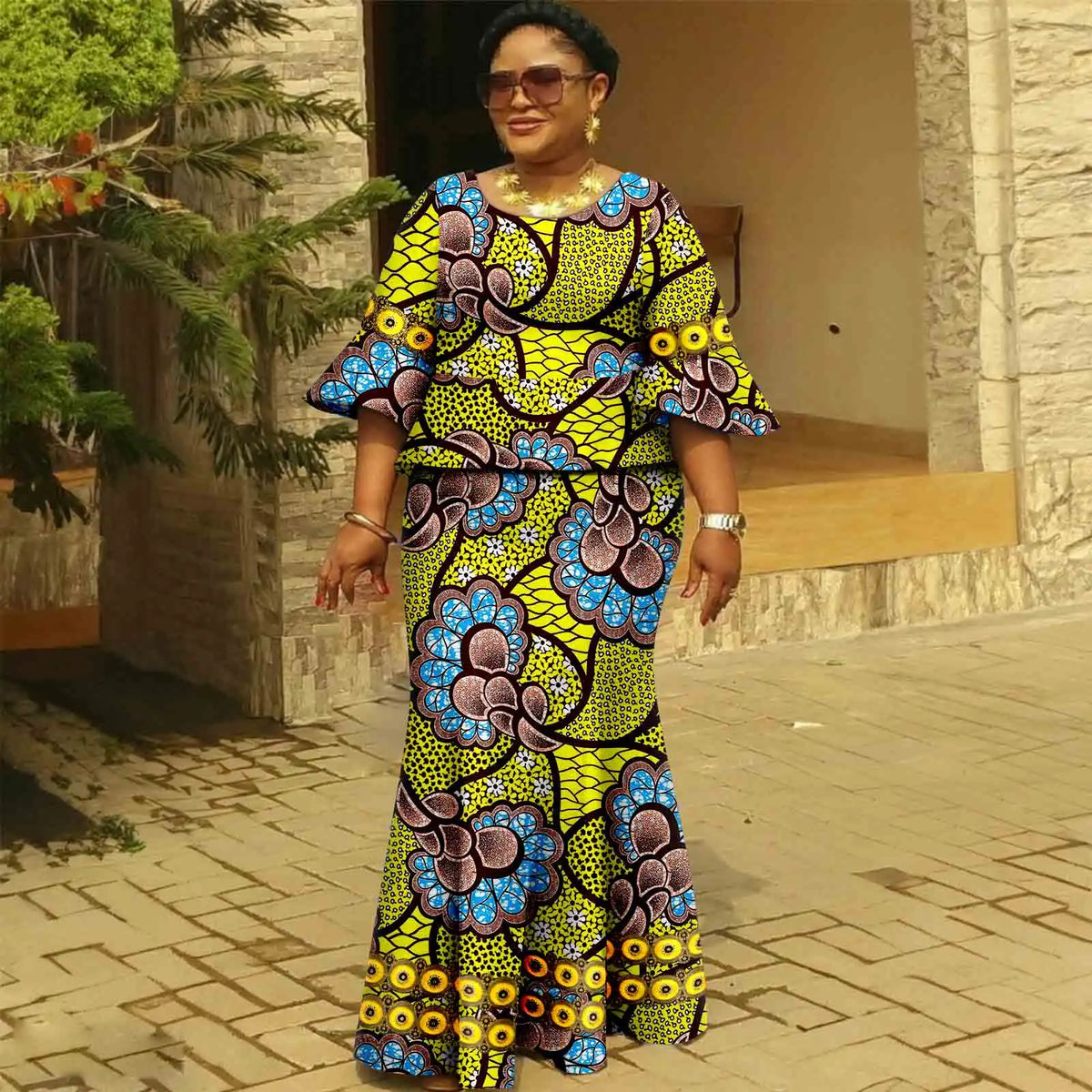 Afripride African Dresses for Woman Customized Loose Gold Ankara Printed Two Piece Flared Sleeve Fishtail Hem Dress 2425046