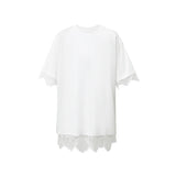 Amii Women's T-Shirt 2026 Summer Round Neck Drop Shoulder Cotton Tee Lace Patchwork Loose Side Slit Top For Women 12652004