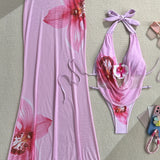 Ladies Pink Floral Print Bikini Swimsuit Three-Piece Set with Thermal Spring Long Skirt Separate Swimwear by BreezeWind